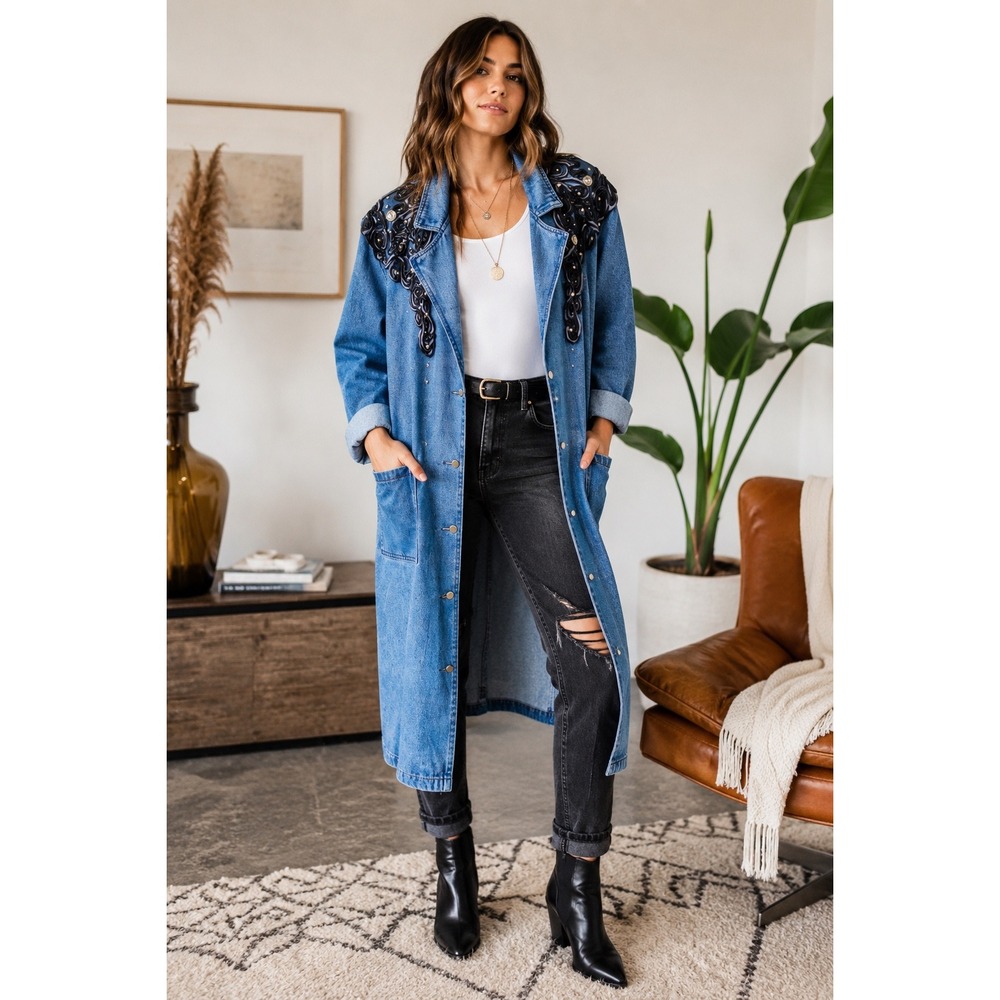 Vintage 80s 90s Denim Duster Jacket Size M Western Embellished Soutache Vintage